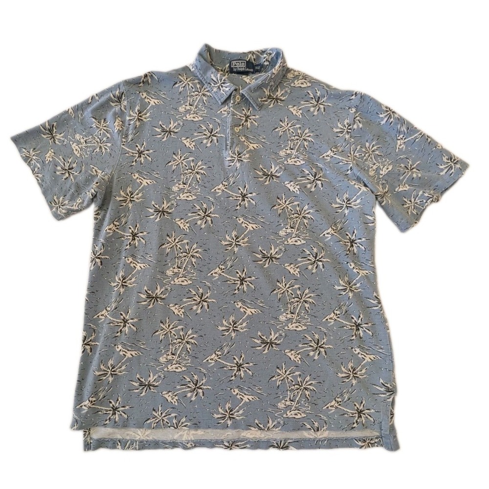 Tommy Bahama Polo Shirt Men's Large Gray Marlin Sailfish All Over Print Pocket